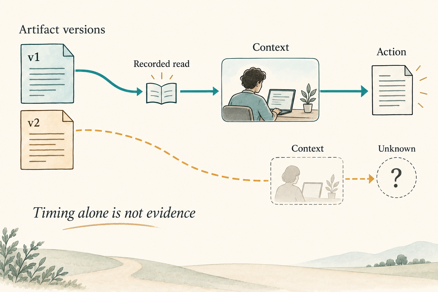 Conceptual illustration: a recorded read carries artifact version v1 into a worker context and on to an action; a newer v2 is nearby in time but is not established as the consumed version. Missing response evidence remains unknown.